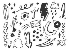 the black and white drawing shows different types of graffiti, including stars, lightnings, clouds, hearts, arrows, etc