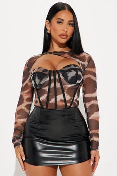 Available In Brown/combo. Corset Top Crew Neck Long Sleeve Cut Out Detail Mesh Stretch Disclaimer: Print Placement May Vary. Shell 1: 85% Polyester 15% Spandex Shell 2: 95% Polyester 5% Spandex Lining: 100% Polyester Imported | Big Energy Leopard Mesh Corset Top in Brown size 3X by Fashion Nova Brown Corset Outfit, Leopard Corset, Mesh Bolero, Big Energy, Mesh Corset, Corporate Outfits, Y2k Aesthetic Outfits, Print Placement, Y2k Aesthetic