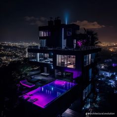 a house that is lit up at night with purple lights on the roof and pool