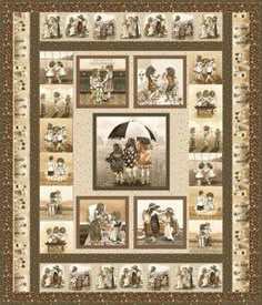 a quilt with pictures of people holding umbrellas