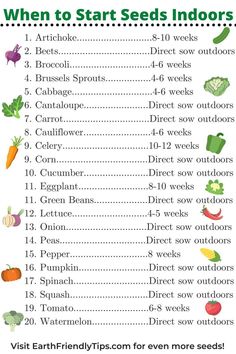 an info sheet with the words when to start seeds indoors and what to eat in it