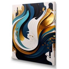 an abstract painting with gold, blue and white colors on the bottom half of it