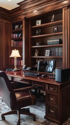 a large wooden desk sitting in front of a bookshelf