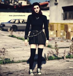 Gothic Female GTA 5 Character With Dark Purple Hair, Black Turtleneck, Black Skirt, Black Thigh highs, Silver Jewelry, and Black Converse Standing In A Run Down Tow Yard. Cute Gta Outfits Female, Gta 5 Fivem Outfits Female, Gta 5 Outfits Female Goth, Gta 5 Outfits Female Baddie, Gta Girl Outfits, Gta 5 Girl Outfits