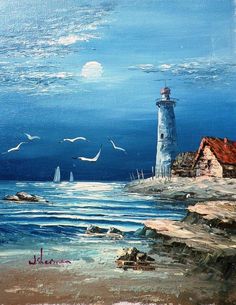 a painting of a lighthouse on the ocean with seagulls flying around it in the background