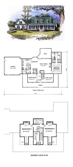 two story house plans with an open floor plan for the first and second floors,