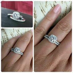 three different views of the same engagement ring and their matching band are shown in this image