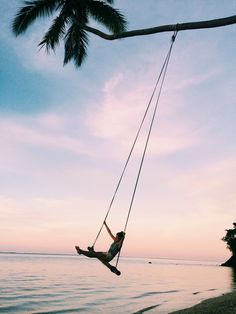 a person swinging from a rope on the beach at sunset with palm trees in the background