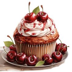 a painting of a cupcake with cherries on top and whipped cream frosting