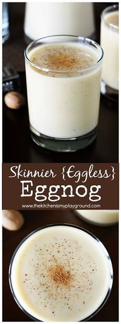 two glasses filled with eggnog sitting on top of a table