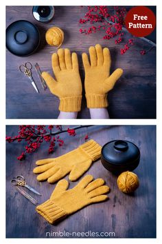 two pictures showing how to make knit gloves with knitting needles and yarn balls on the table