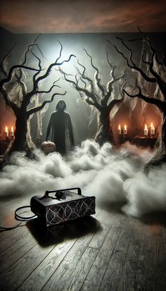 a speaker sitting on top of a wooden floor in front of a fog filled forest