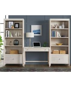 a white desk and bookcase in a room