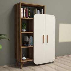 a bookcase with two doors is next to a potted plant on the floor