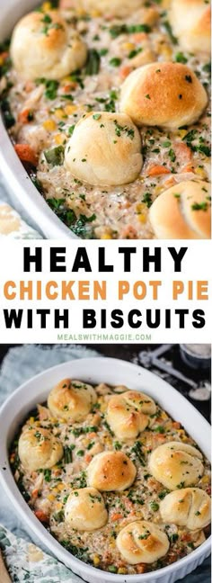 healthy chicken pot pie with biscuits in a casserole dish