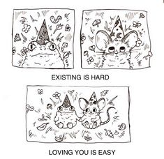 two cartoon pictures with the caption saying, eating is hard loving you is easy