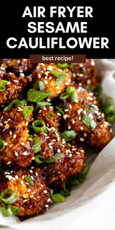 air fryer sesame cauliflower recipe in a white bowl with text overlay