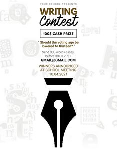 the writing contest flyer is designed to look like it has been written in black and white