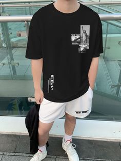 Black and White Casual Collar Half Sleeve  Letter  Embellished Slight Stretch  Men Co-ords Red Tshirt Outfit, Red Shorts Outfit, 90s Men Fashion, Man Fits, Sporty Outfits Men, Red And White Outfits, 90s Men, Mens Shorts Outfits