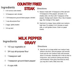 the ingredients and instructions for how to make country fried steak with milk, pepper & gravy