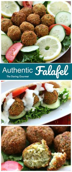 three different views of falafel with cucumbers, tomatoes and lettuce