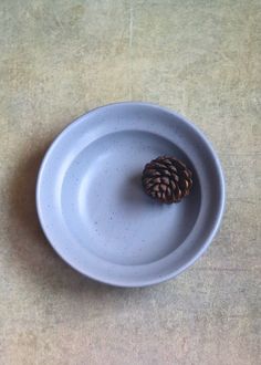 a white plate with a pine cone on it