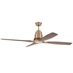 a ceiling fan with two blades and a light on top of the blade is gold