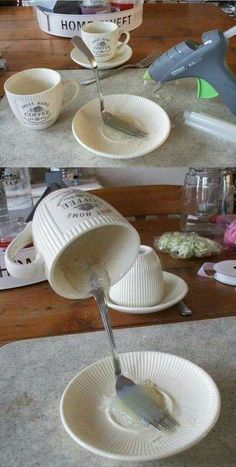 two pictures of coffee cups being filled with liquid from a measuring cup, and then pouring them into a bowl