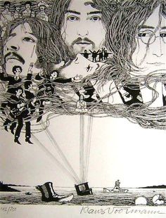 a black and white drawing of two men with long hair flying through the air above them