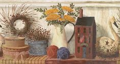 a painting of flowers and other items on a table with a house in the background