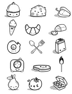 a bunch of food that is drawn in black and white