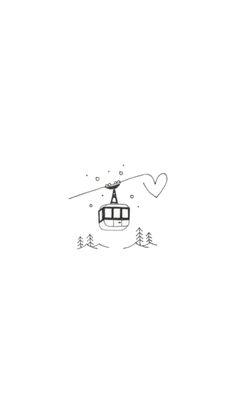 a black and white drawing of a cable car in the snow with trees around it