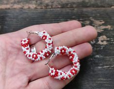 Mini hoop earrings, white red earrings, Boho hoops, small hoop earrings, Round Earrings handmade, beadwork earrings, seed bead earrings boho Hoops are approximately 0.8 inches  (2.9 cm) Hoop beaded earrings. Very lightweight. Fusion between ethnic style and modern elements. Earrings made of quality Czech seed beads - White and red colors  Cute handmade Earrings is a pleasant gift for you or for one you love. RECOMMENDATION FOR USE AND CARE:  - Do not clean with water and any other liquid. - Keep Irish Earrings, Evening Necklace, Shamrock Earrings, Beadwork Earrings, Native American Earrings, Dog Earrings, Small Hoop Earrings, Mini Hoop Earrings, Clover Earrings