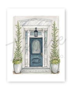 a watercolor painting of a blue front door with two planters on either side