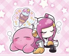 an image of a cartoon character sleeping with ice cream on her head and stars in the background