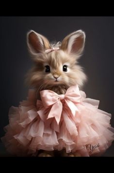 a small rabbit in a pink dress with a bow on it's head and big eyes