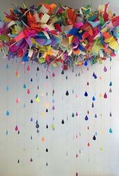 colorful paper streamers hanging from the ceiling in front of a sign that reads feliz dia