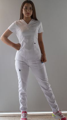 Pocket Buttonhole, White Scrubs, Womens Scrub Tops, Nursing Fashion, Womens Wrap Dress