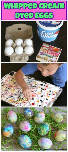 an egg carton filled with painted eggs and the words whipped cream dyed eggs