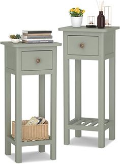 two side tables with drawers and baskets on them, one has a basket in front of it