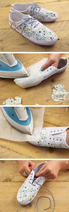 four pictures showing how to use an iron on a pair of shoes with laces