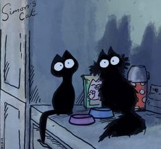 two black cats sitting on top of a table next to each other in front of a mirror