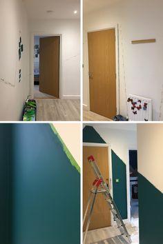 four pictures of the inside of a house being painted