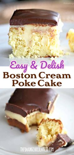 two pictures of boston cream poke cake with chocolate frosting on the top and bottom