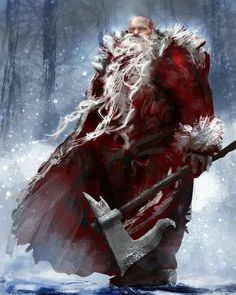 a man dressed as santa claus holding an ax in the snow with trees behind him