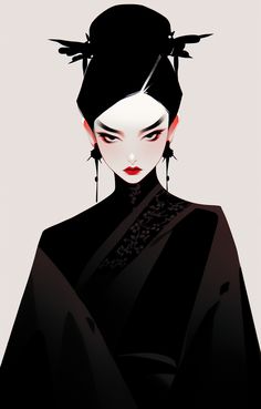 an illustration of a woman in black with red eyes and hair, wearing traditional geisha clothing