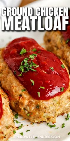 ground chicken meatloaf on a plate with ketchup