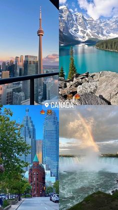 the canadian city skyline is shown in four different pictures, including buildings and water falls