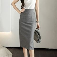 Lasaky - Professional English Product Title: Grey Midi Work Pencil Skirt Elegant Office Wear, Silhouette Mode, Elegant Bodysuit, Professional Skirt, Lace Playsuit, Fashion Silhouette, Stretch Pencil Skirt, High Waisted Pencil Skirt, Women Office