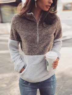 Contrast Color Quarter Zip Teddy Sweatshirt Mantel Cape, Fashion Preppy, Mode Shoes, Blouse Casual Fashion, Winter Outfits Women, Ladies Dress Design, Autumn Fashion Women, Womens Fashion Trends, Shop Blouses